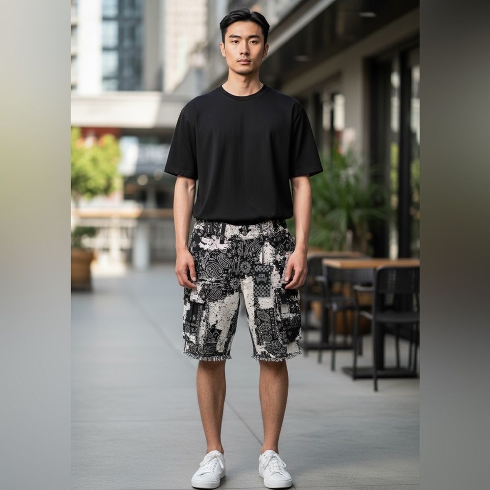Rebel Vengeance Men's Black and White Paisley Patterned Cargo Shorts